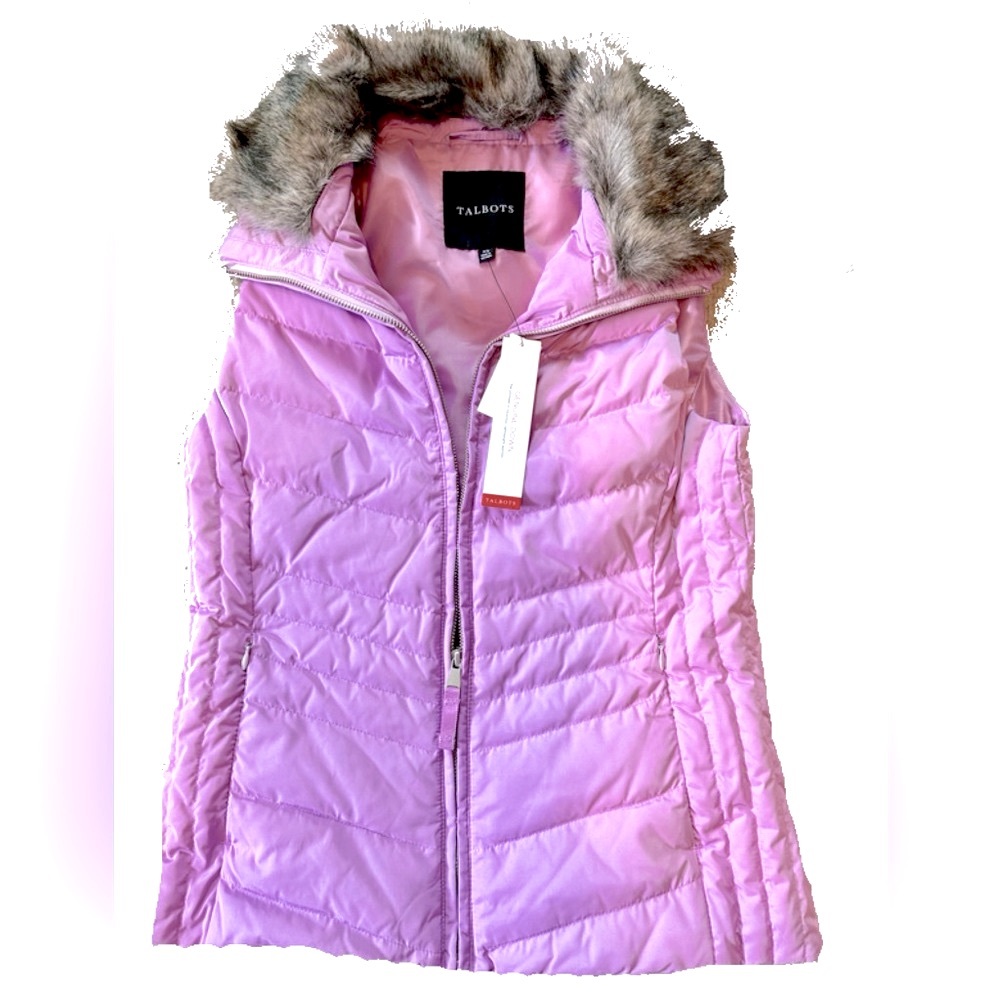 Talbots genuine down puffer vest. Removable faux fur collar. Never worn. NWT.